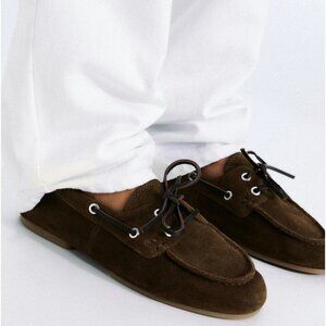 NWT Zara Suede Topstitched Loafers Brown Women's Size 10 Deck Shoes